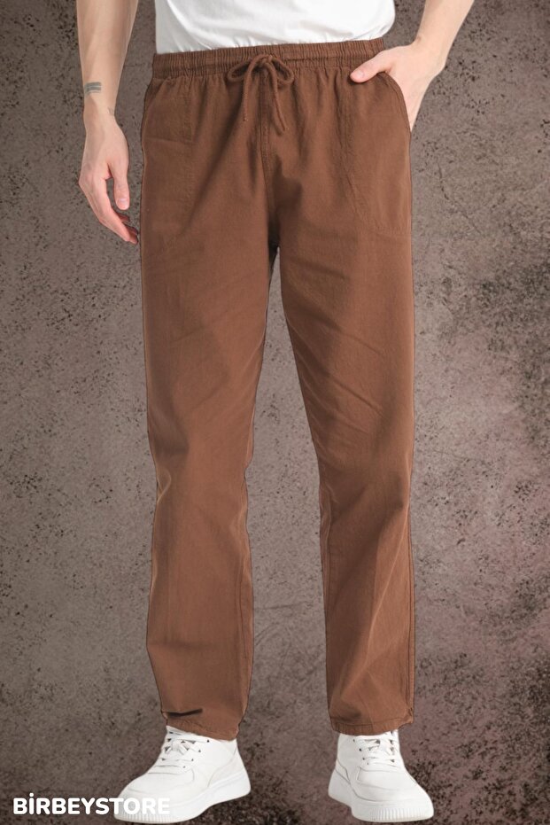 Summer Linen Trousers Raw Fabric Sweatpants Elastic Waist Unisex Comfortable Fit Raw Fabric Bottoms (Brown)