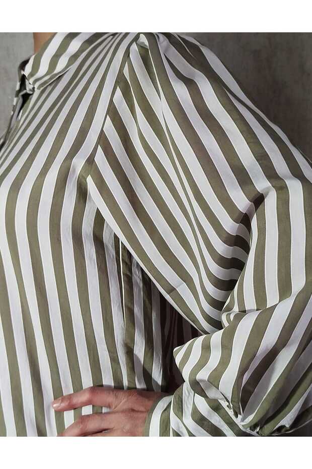 Yeşil Çizgili Rahat Kalıp Basic Gömlek - 1