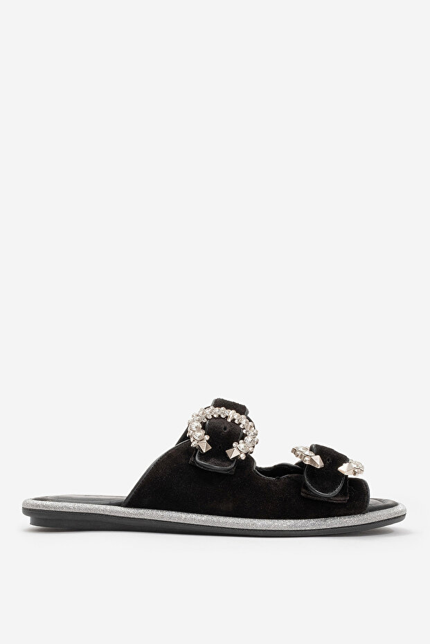 Women's Double Stone Banded Slippers - Real Leather Zy 8069 Black