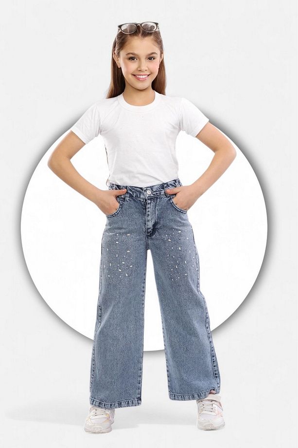 %100 Pamuk-Denim-Kot-Serpme Taşlı-Kar Yıkamalı-Kız Çocuk Pantolonu-Palazzo - 2