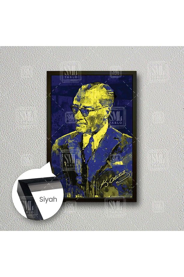 Mustafa Kemal Atatürk İmzası Fener bahçe Sarı Ve Lacivert Çerçeveli Dikey Kanvas Tablo - 1