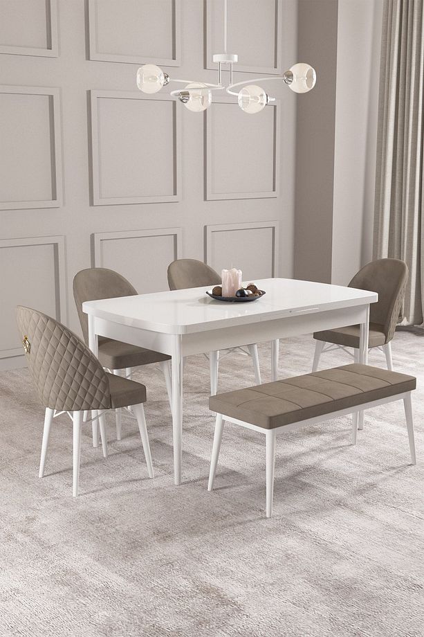 Calvin Beyaz 80x132 Mdf Açılabilir Mutfak Masası Takımı 4 Sandalye, 1 Bench - 1