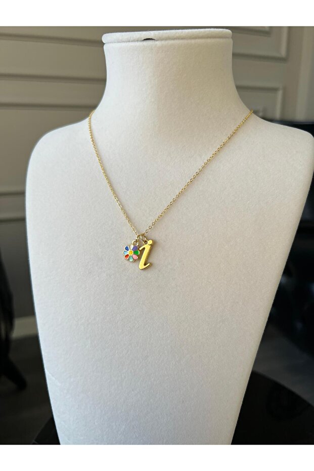 Letter Necklace - with Flower Motives Steel Chain