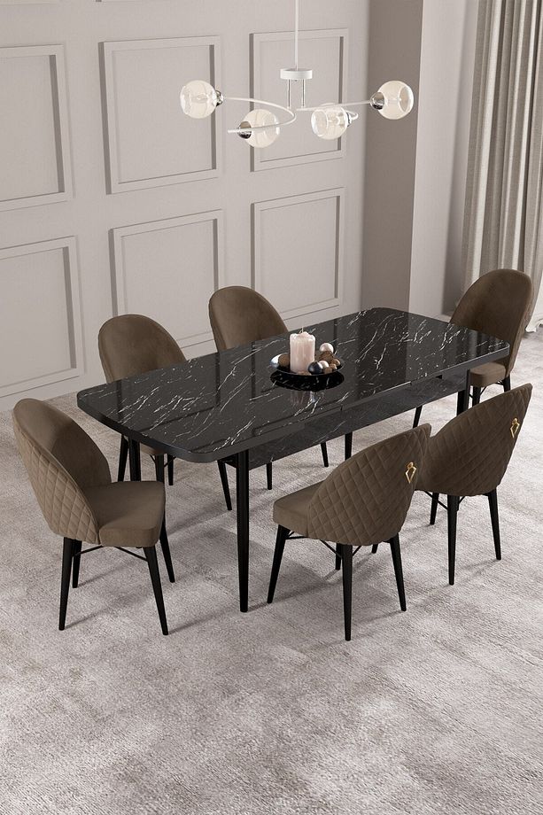 Calvin Siyah Mermer Desen 80x132 Mdf Açılabilir Mutfak Masası Takımı 6 Adet Sandalye - 2