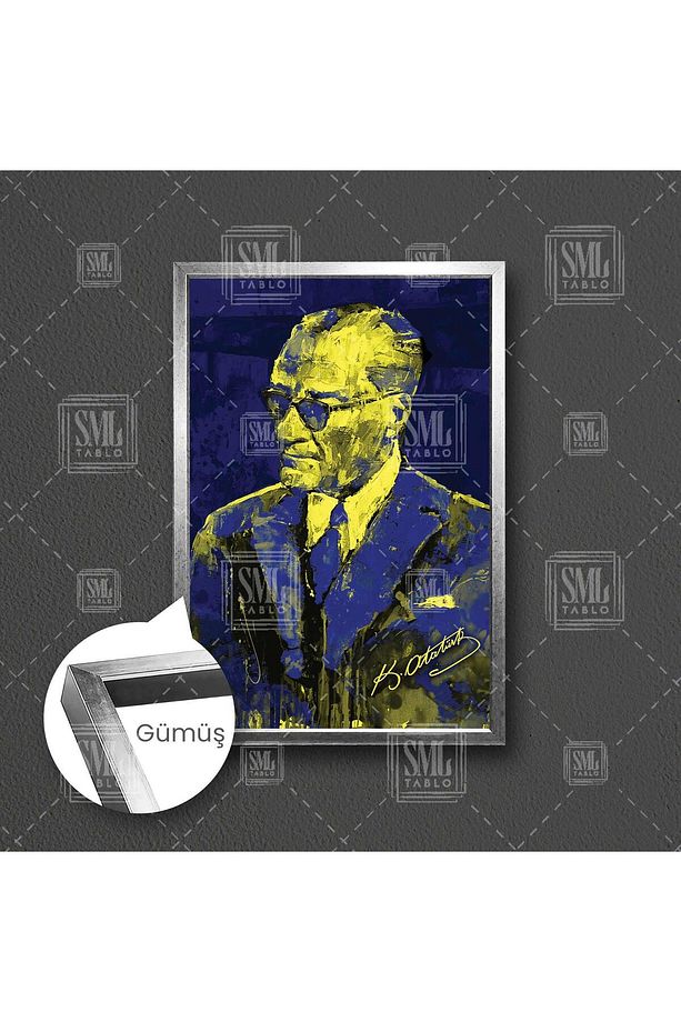 Mustafa Kemal Atatürk İmzası Fenerbahçe Sarı Ve Lacivert Çerçeveli Dikey Kanvas Tablo - 1