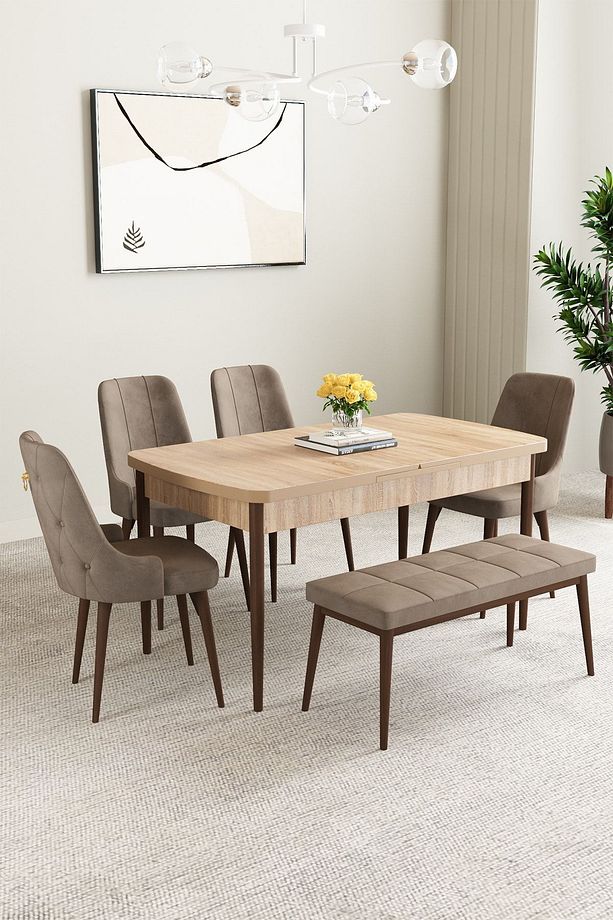 Clara Meşe Desen 80x132 Açılabilir Mutfak Masası Takımı 4 Sandalye, 1 Bench - 1