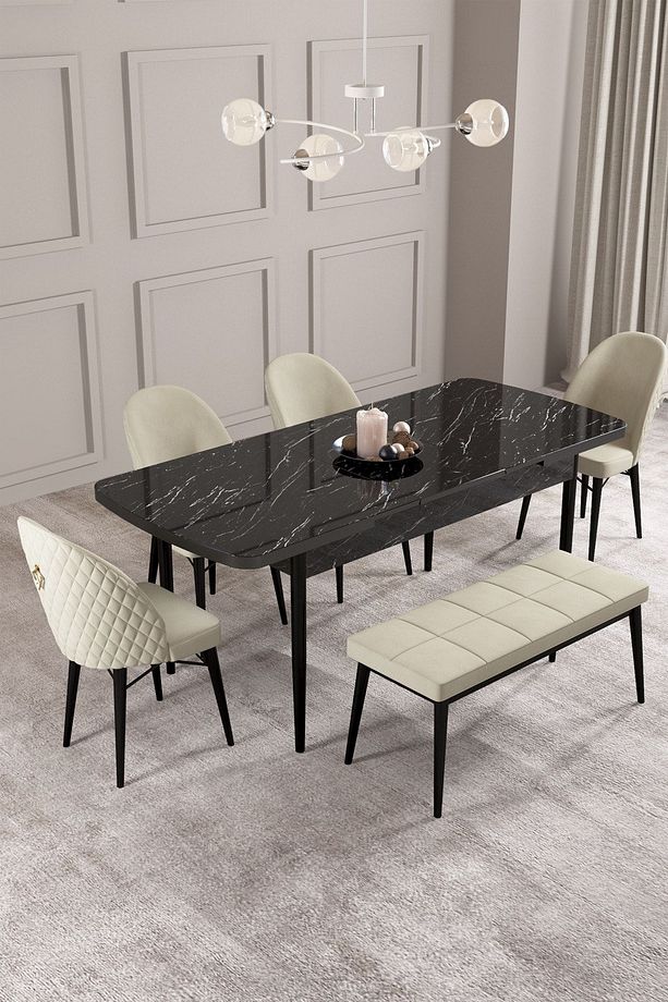 Calvin Siyah Mermer Desen 80x132 Mdf Açılabilir Mutfak Masası Takımı 4 Sandalye, 1 Bench - 2