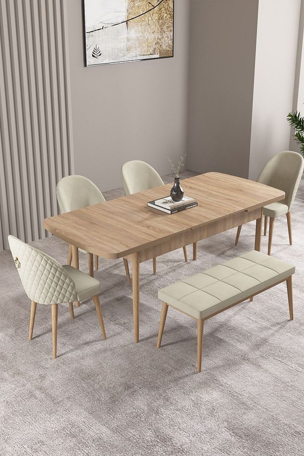 Milas Meşe Desen 80x132 Mdf Açılabilir Mutfak Masası Takımı 4 Sandalye, 1 Bench - 2