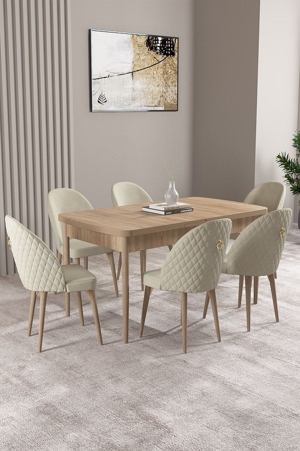 Milas Meşe Desen 80x132 Mdf Açılabilir Yemek Masası Takımı 6 Adet Sandalye - 1