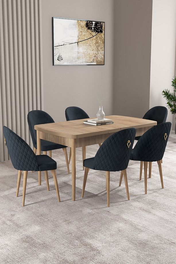 Milas Meşe Desen 80x132 Mdf Açılabilir Mutfak Masası Takımı 6 Adet Sandalye - 1