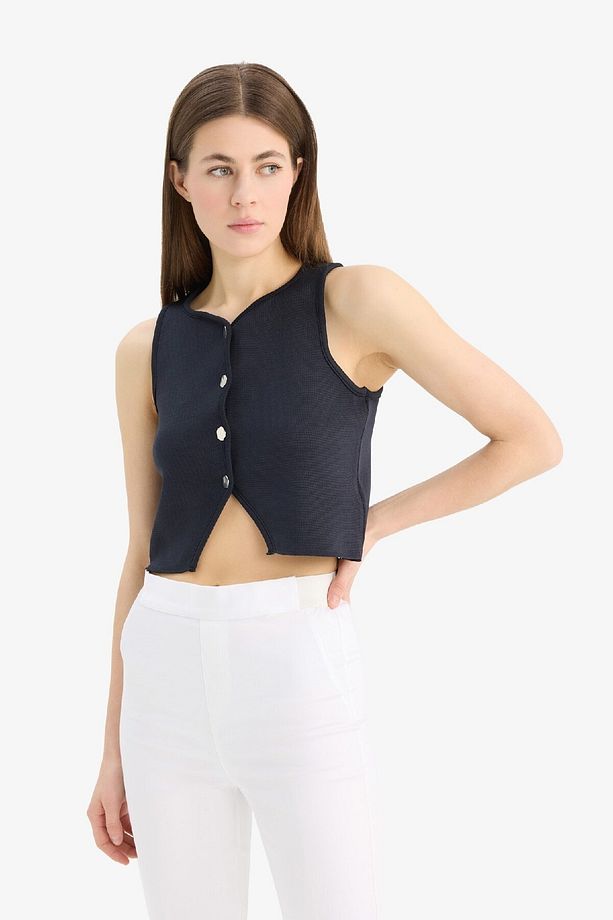 Regular Fit Bisiklet Yaka Düğmeli Siyah Triko Yelek E0990AX25SM - 3