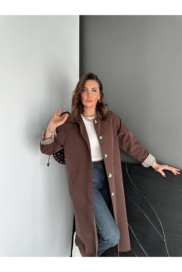 Kahve Kazayağı Desenli Astarlı Trençkot - 7