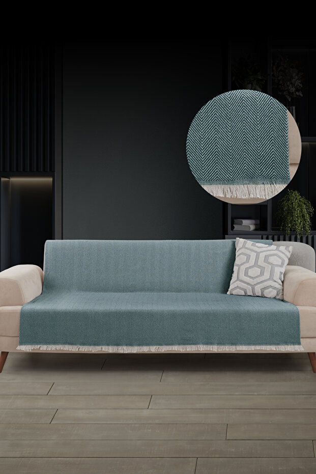 Fringed Seat Cover | Sofa Shawl 180X210 Cotton Petrol Blue