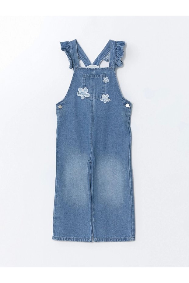 Lcw Kids Blue Square Collar Embroidered Girl's Jean Salopet Dress