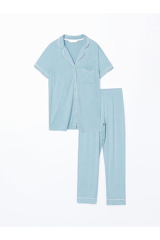 LCW DREAM Mavi Gömlek Yaka Kadın Pijama Takımı - 5