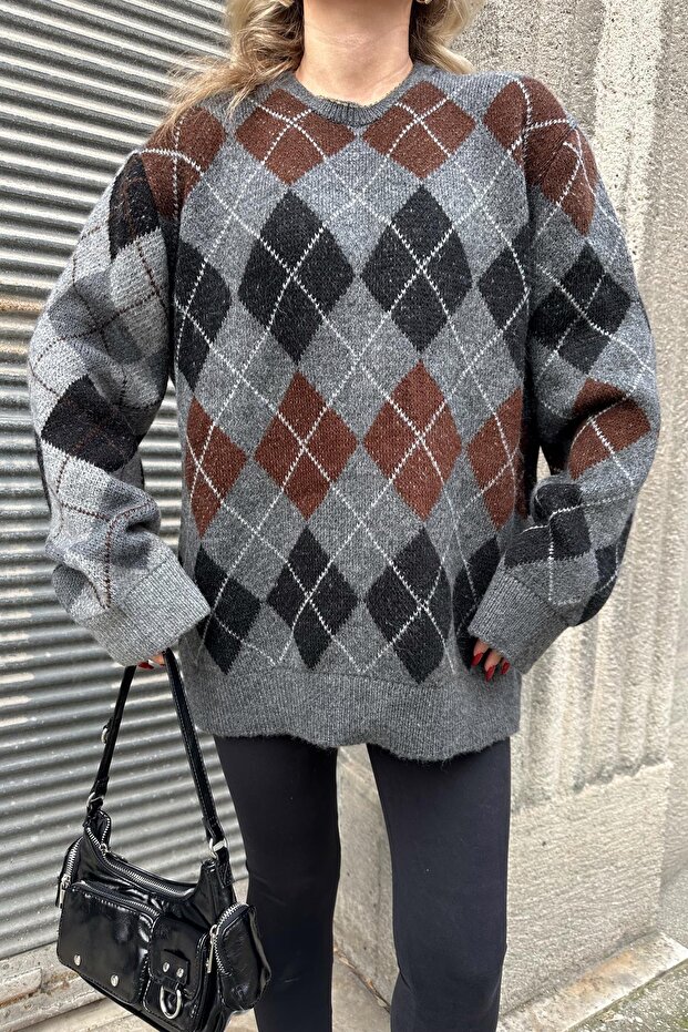 Baklava Desen Oversize Kazak Antrasit - 8