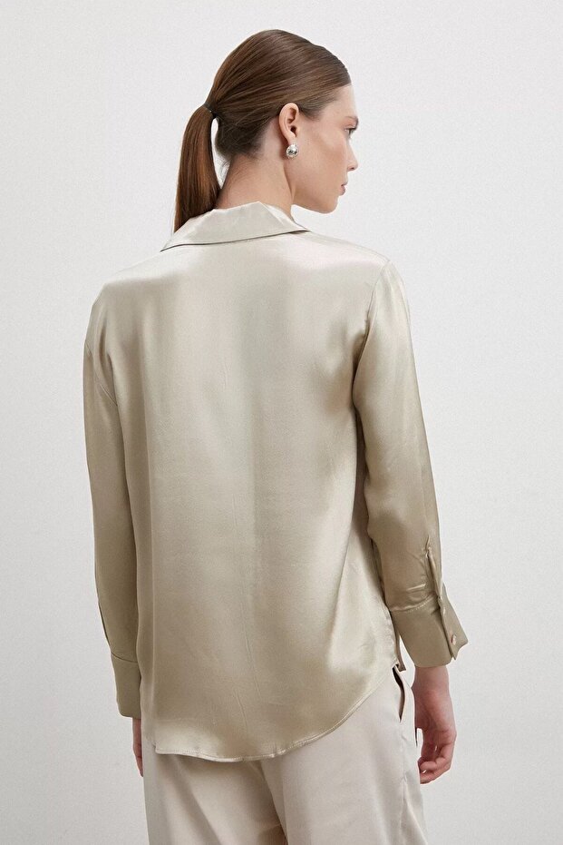 Basic Saten Gömlek Bej - 2