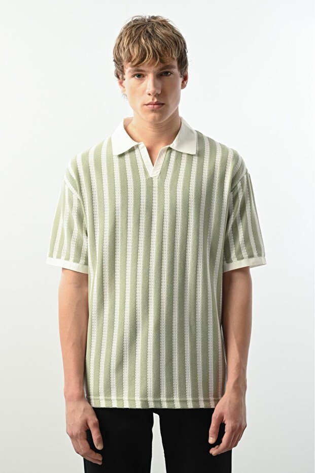 Green Striped Polo Neck Tshirt