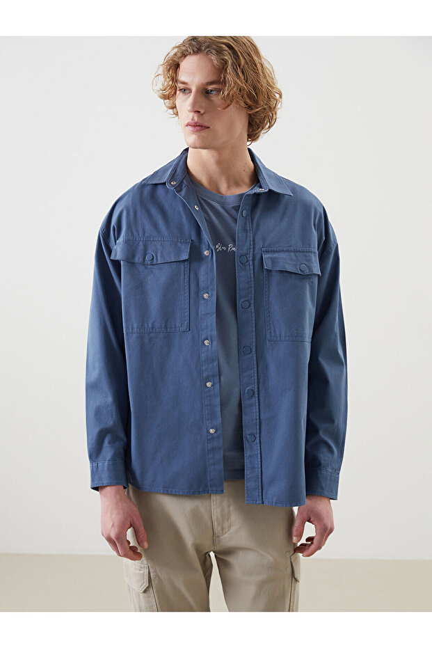 Nevavm Comfortable Fit Long Sleeve Gabardine Men's Shirt Jacket with Difference