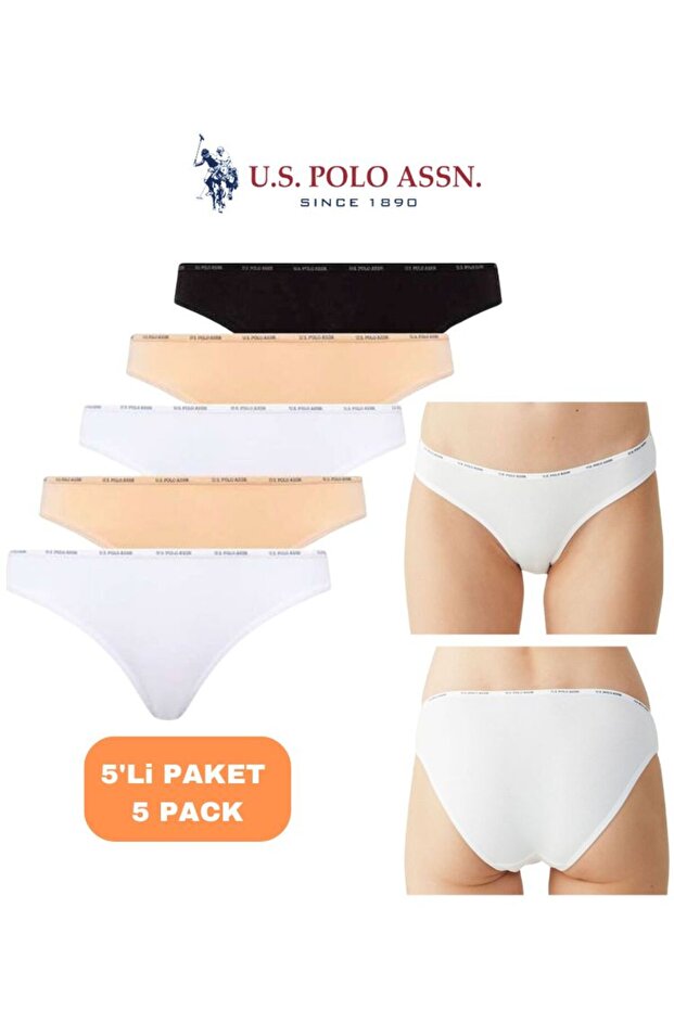 Women'S, Licensed, Uspa, Black-White-Tan, 47% Modal, 47% Cotton, 6% Elastane, Low Waist 5-Pack Panties/Slips