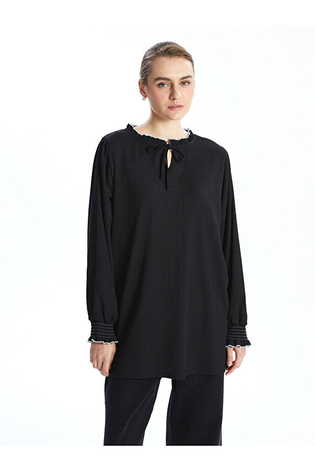 Nevavm Contrast Collar Textured Ruffle Women's Tunic