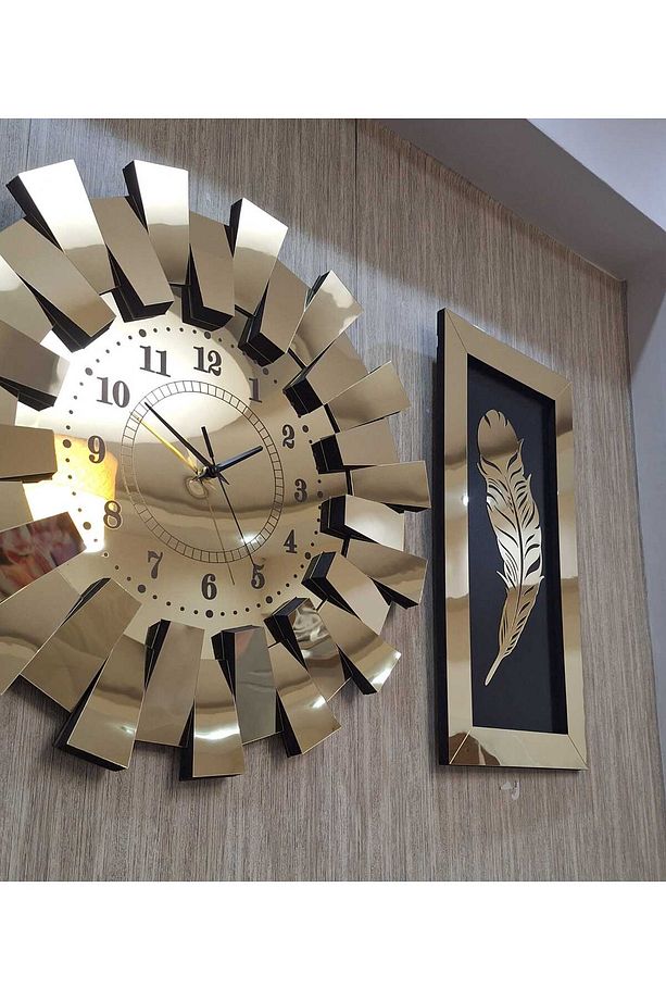 3lü Duvar Saati TÜRK Rakam 3 Boyutlu Piyano Model Aynalı Gold Tüy Tablo - 2
