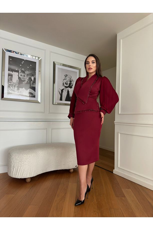 Kadın İthal Kumaş Şık Drape Detaylı Piliseli Kol Tasarımlı Midi Boy Elbise - 5