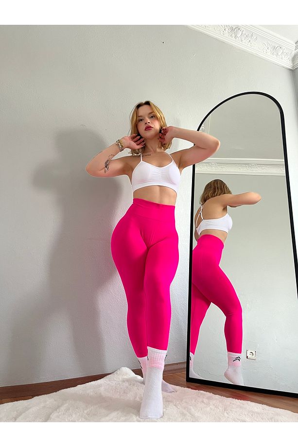Büzgülü push up neon pembe tayt - 3