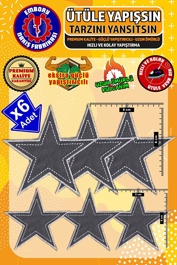 Ütü ile Yapışan Arma Yama, Gri Yıldız (6 ADET) Ütüyle Yapışan Nakış Dokuma Aplike Patch - 1