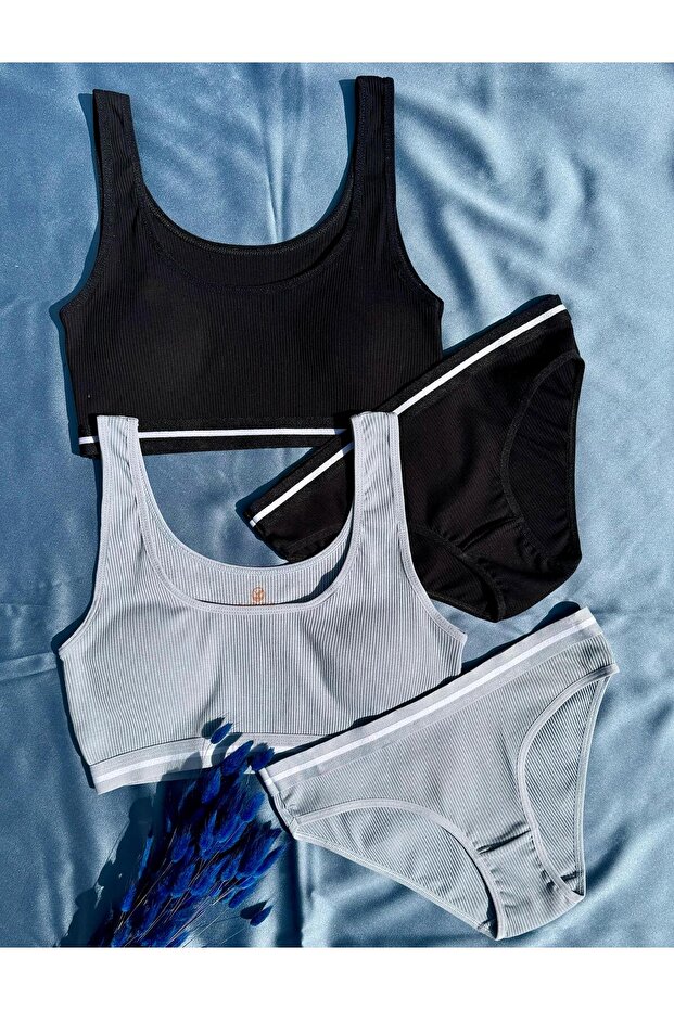 Soleya 2-Piece Camisole Fabric Pad Bra and Slip Panty Set 45E11 (Black and Light Blue)