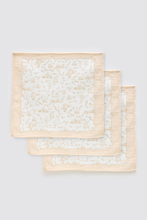 100% Cotton 3-Piece Mouth Cloth Set - Toile De Jouy / Beige