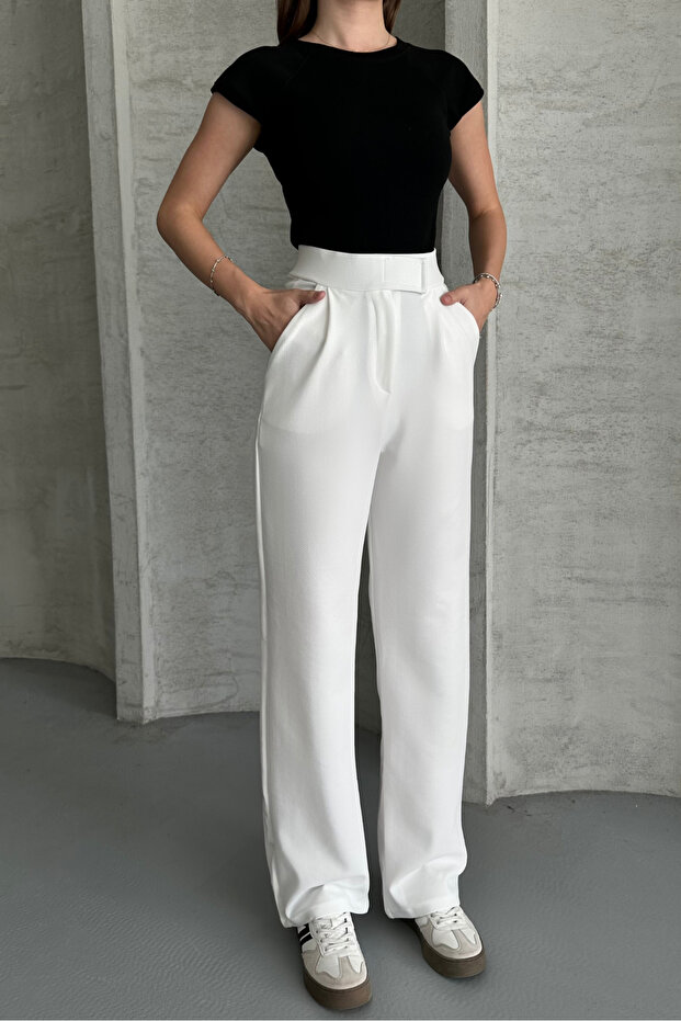 White Women's Lycra Velcro Closure Palazzo Trousers
