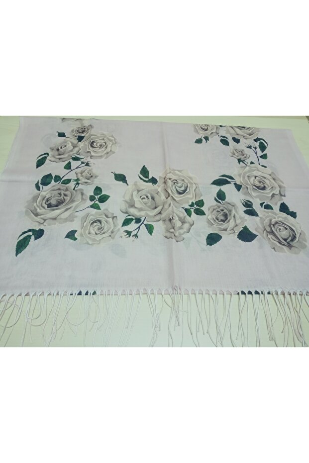 Elegant Vivid Rose Pattern Cotton Shawl with Tassels, Prayer Cover 180X70Cm