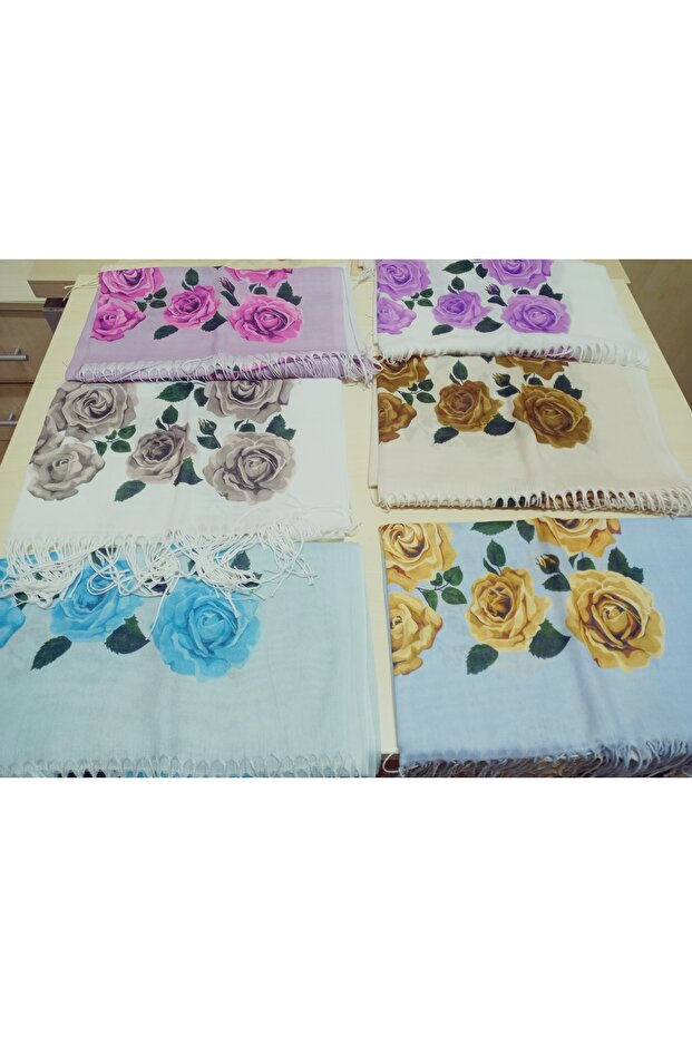 Elegant Vivid Rose Pattern Cotton Shawl with Tassels, Prayer Cover 180X70Cm