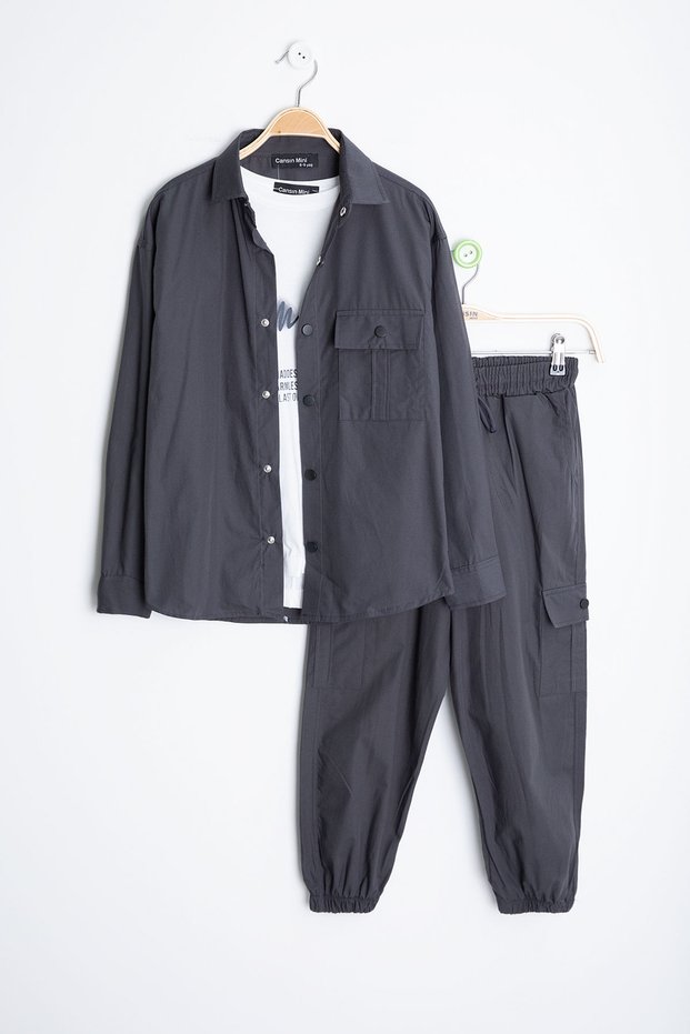 Smoked Lettered T-Shirt and Parachute Shirt Boy's 3-Piece Bottom Top Set 20540