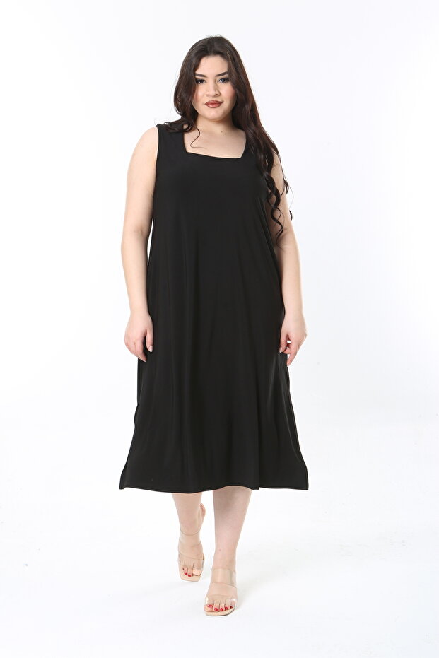 Women's Large Size Black Square Collar Relaxed Cut Buzy Fabric Dress 65N38851