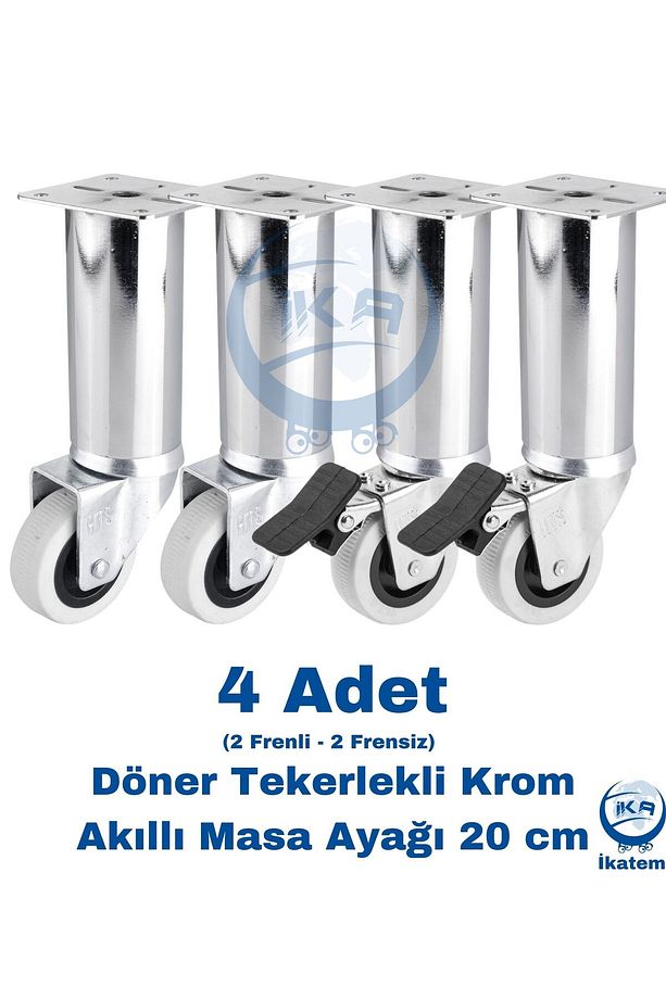 4 Adet Döner Tekerlekli Krom Sihirli Akıllı Masa Ayağı 20 cm ( Vida Hediyeli ) - 1