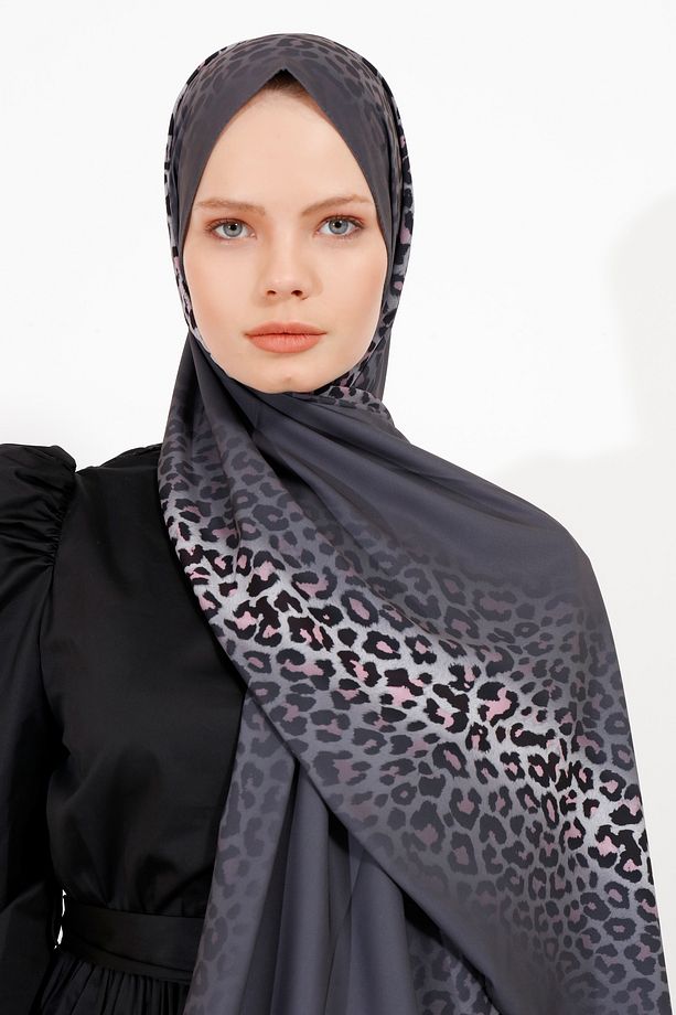 Degrade Leopar Şal Medine İpeği - Füme - 3