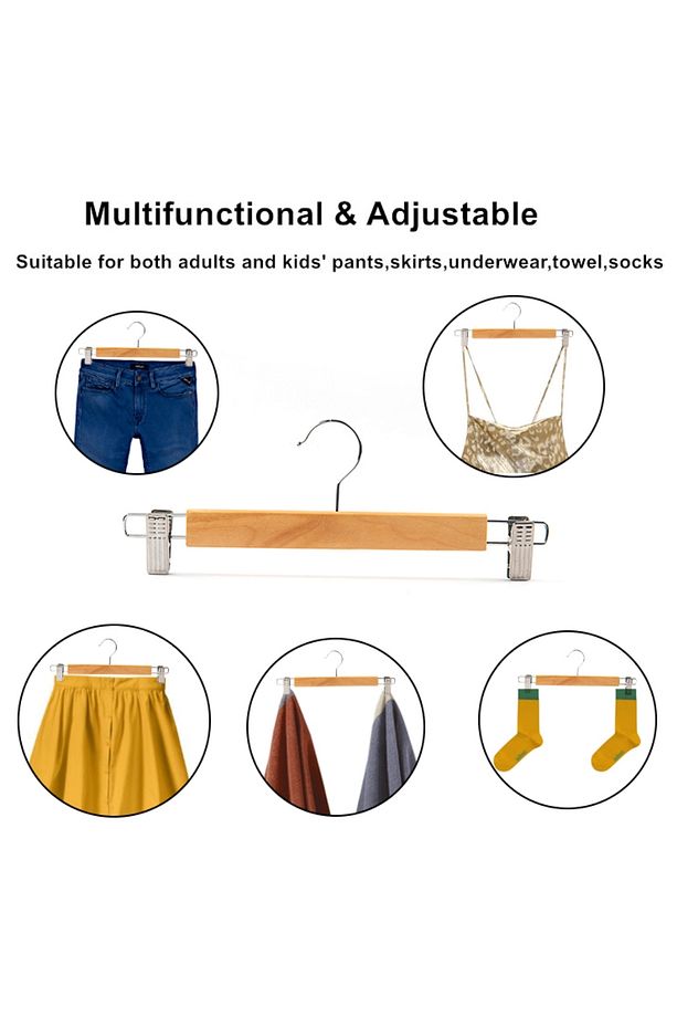10 Adet Ahşap Bambu Etek Pantolon Askı | Mandallı Metal Uçlu Etek, Elbise, Eşarp, Şal Askısı - 7