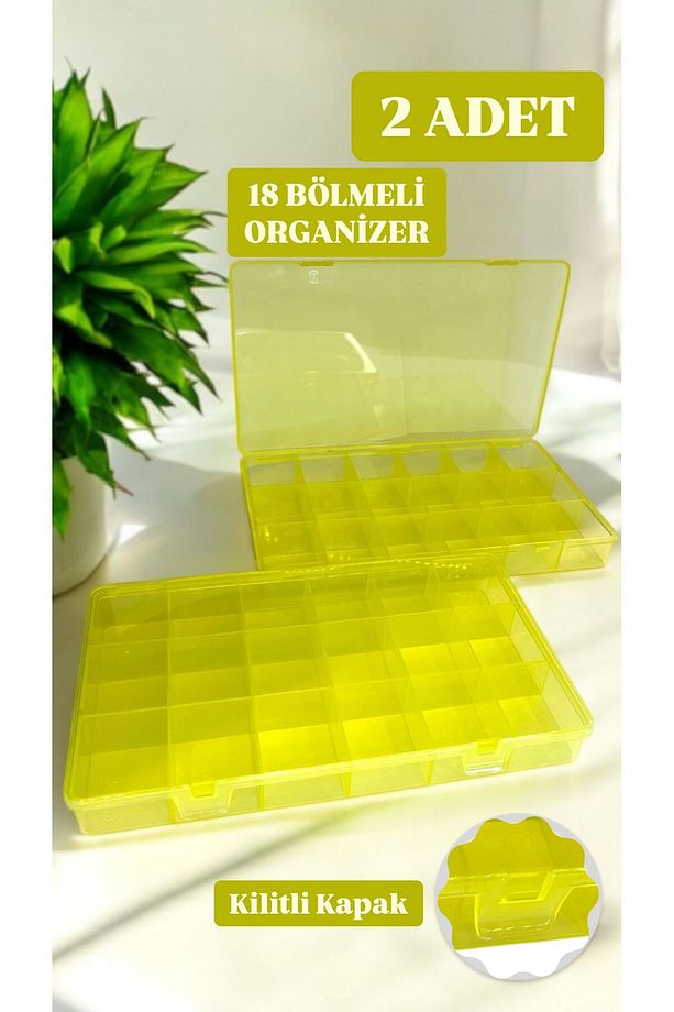 2 Adet Sarı 18 Bölmeli Kapaklı Balıkçı Kutusu Çapari , Ağırlık Ve Iğne Balık Malzemesi Organizeri - 1