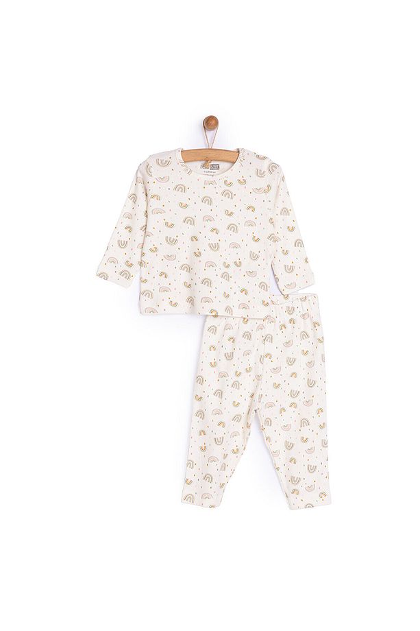 HelloBaby Kız Bebek Pijama Takım Kaşkorse Gökkuşağı Bisiklet Yaka Uzun Kol Ekru - 1