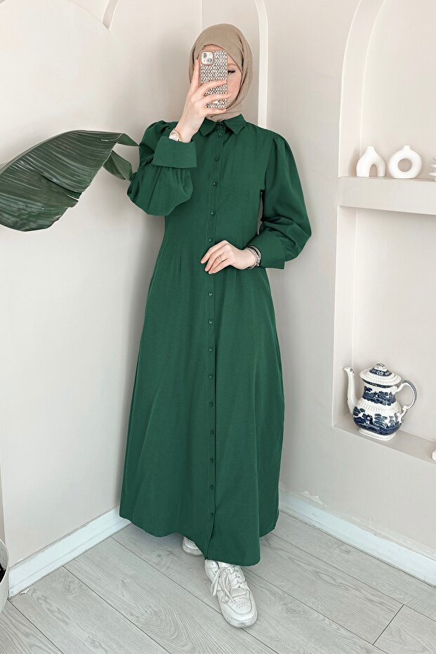 Buttoned Long Khaki Dress Ma333