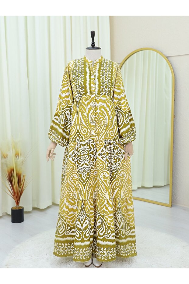 Half Button Stand Collar Piece Dress -Mustard