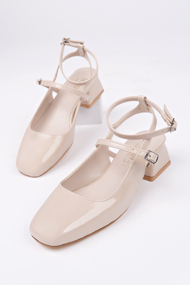 Chopra Square Toe Double Belt Ankle Strap Open Back Short Heeled Shoes
