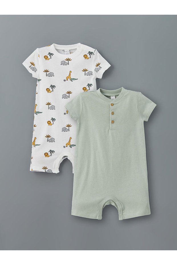 Green Crew Neck Baby Boy Combed Cotton Jumpsuit, Pack of 2