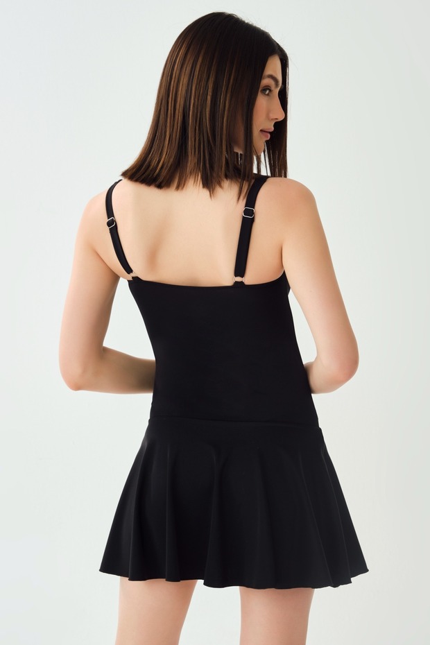 Kadın Siyah Drapeli Askılı Elbise Mayo - 2