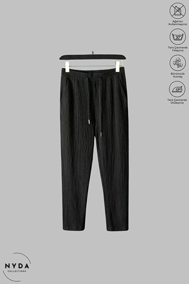 Black Wrinkled Crinkle Fabric Summer Lycra Women's Men's Trousers Tracksuit