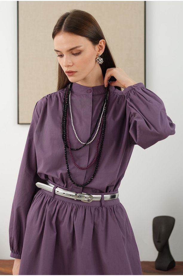 Omzu Büzgülü Poplin Gömlek Retro Violet - 5