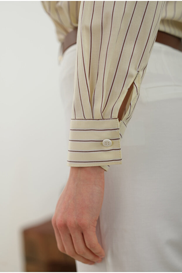 Çizgili Fit Gömlek Soft Sarı - 7