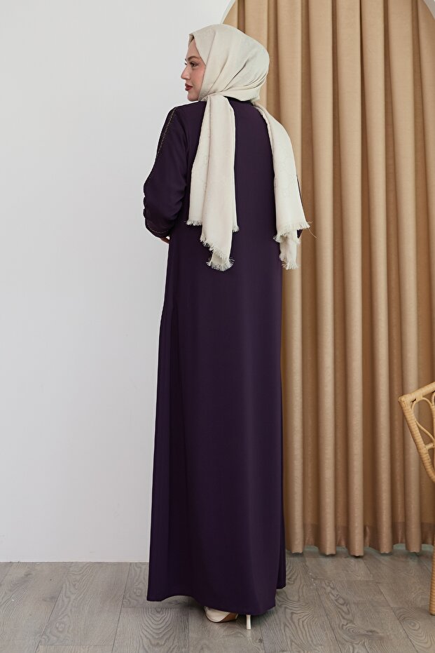 Boydan Renkli Şeritli Mor Ferace - 5